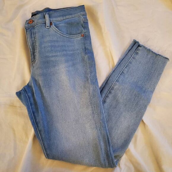 Express light blue skinny ankle distressed midrise raw hem jean 10 long - Picture 1 of 11